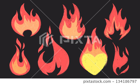 Grunge flame doodle icons with rough texture 134186797