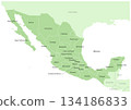 Map of Mexico with administrative divisions in shades of green (with names of neighboring countries in Spanish) 134186833