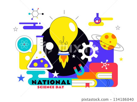 National Science Day Vector Illustration on February 28 Featuring Chemical Liquid, Scientific Elements, Medical and Research in a Background 134186840
