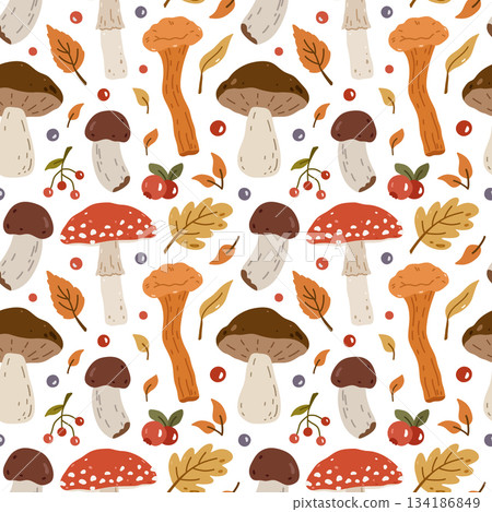 Cute autumn seamless pattern with mushrooms Cute autumn seamless pattern with mushrooms 134186849