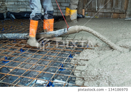 Pouring Concrete Slab with Reinforcement Construction Process and Foundation Work Detail Pouring Concrete Slab with Reinforcement Construction Process and Foundation Work Detail 134186970