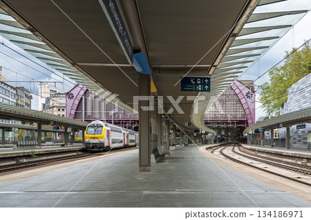 Antwerpen Train Station Platform with Modern Architecture and Train Arrival, Belgium, Europe 134186971