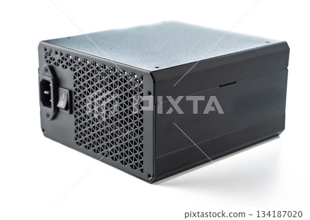 Computer Power Supply Unit Isolated on White Background, Modern Component for PC Building 134187020