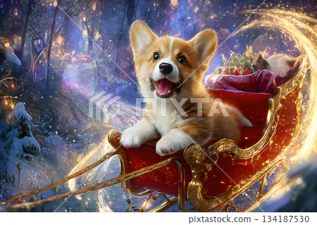 A fantastic winter illustration of a corgi riding a sled surrounded by magical lights 134187530