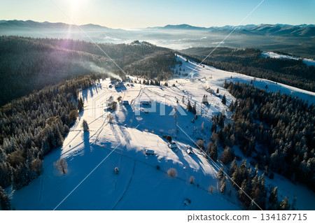 Aerial view reveals stunning winter landscape with snow-covered hills and dense forests. Houses nestled among trees, while background features majestic range of mountains under clear blue sky. Aerial view reveals stunning winter landscape with snow-covered hills and dense forests. Houses nestled among trees, while background features majestic range of mountains under clear blue sky. 134187715