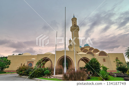 Ash Shaliheen Mosque, a modern architectural landmark with minaret and blue domes, Bandar Seri Begawan, Brunei Darussalam. 134187749
