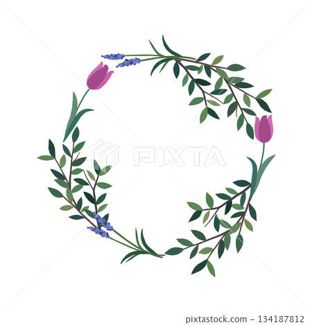 Flower and branch wreath frame Flower and branch wreath frame 134187812