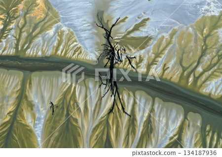 Aerial abstract pattern of colorful water and mud, nature pollution by copper mine chemicals Aerial abstract pattern of colorful water and mud, nature pollution by copper mine chemicals 134187936
