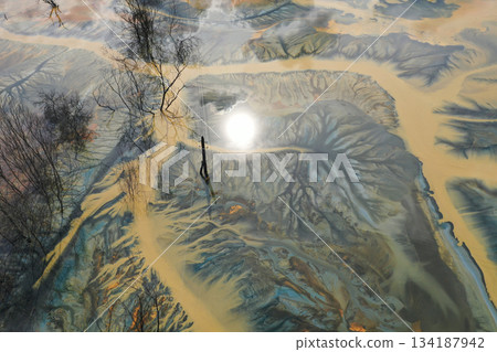 Aerial view of abstract poisonous colorful water background. Natural pattern Aerial view of abstract poisonous colorful water background. Natural pattern 134187942