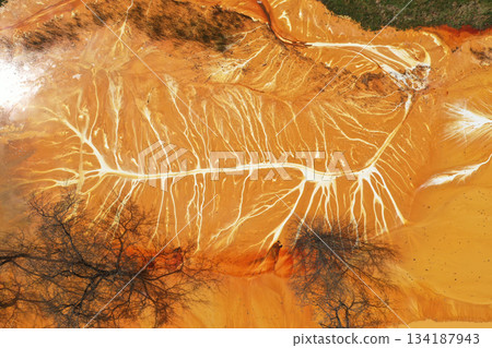 Aerial view of colorful natural water patterns. Mining water pollution Aerial view of colorful natural water patterns. Mining water pollution 134187943