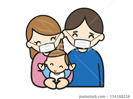 Father and mother wearing masks and holding a smiling baby Father and mother wearing masks and holding a smiling baby 134188216