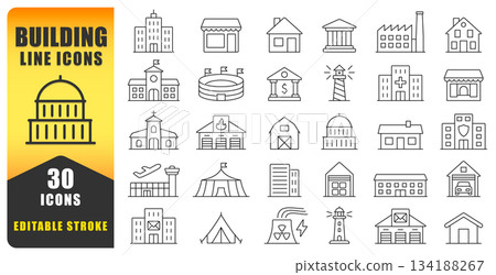 Building Line Icon Set Showcasing Clean, Modern, And Versatile Outline Designs For Architecture, Urban Planning, And Construction Projects, Perfect For Digital Use, Branding. Isolated Vector Icons. 134188267