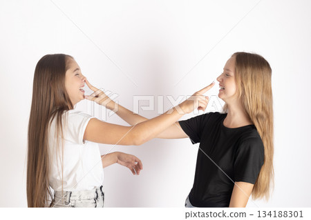 Two young women teens adjusting each other's hair or clothing, portrait Two young women teens adjusting each other's hair or clothing, portrait 134188301