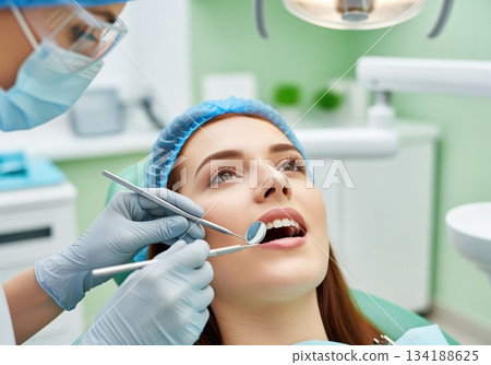 Professional dentist performing a routine dental examination on a young woman in a modern clinic. 134188625