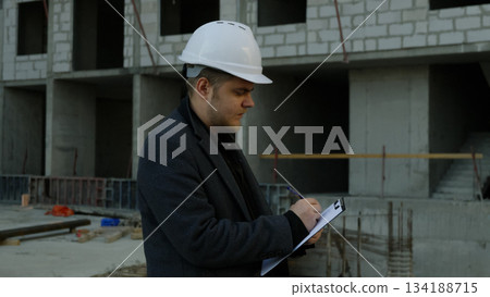 Two construction professionals discussing plans on a working building site Two construction professionals discussing plans on a working building site 134188715