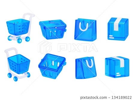 blue glass material shopping elements 3D Icon Set 134189022