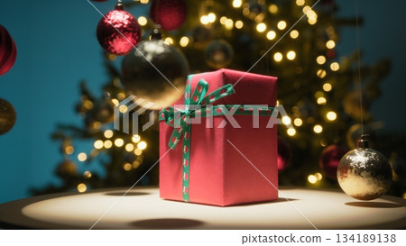 Red Christmas Gift Box Spins on a Turntable Against The Tree Red Christmas Gift Box Spins on a Turntable Against The Tree 134189138