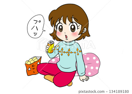 A girl relaxing and eating sweets and drinking a drink like cola A girl relaxing and eating sweets and drinking a drink like cola 134189180