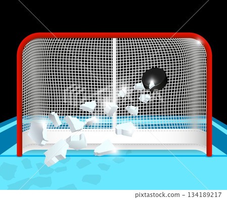 Hockey puck flies at high speed into top corner of a hockey goal after a powerful throw. Sports vector concept 134189217