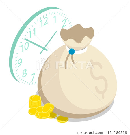 Isometric bank money bag with gold coins against background of moving clock hands. Isolated cartoon vector on white back top view Isometric bank money bag with gold coins against background of moving clock hands. Isolated cartoon vector on white back top view 134189218
