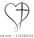 Christian love symbol heart cross minimal faith line art 134189258