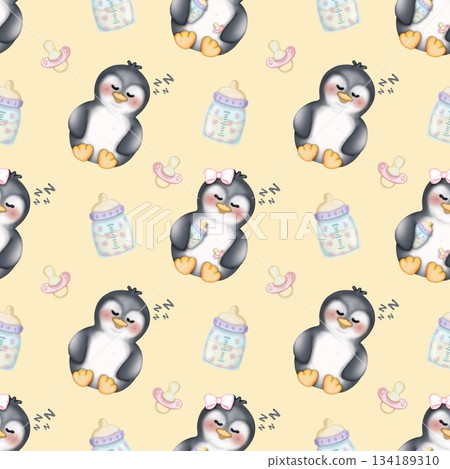 Seamless pattern Cute penguins collection in winter Hand drawn watercolor illustration. For labels, paper, textiles on yellow background. 134189310