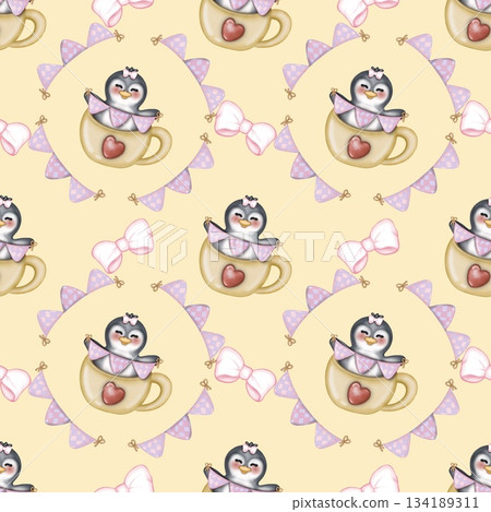Seamless pattern Cute penguins collection in winter Hand drawn watercolor illustration. For labels, paper, textiles on yellow background. 134189311