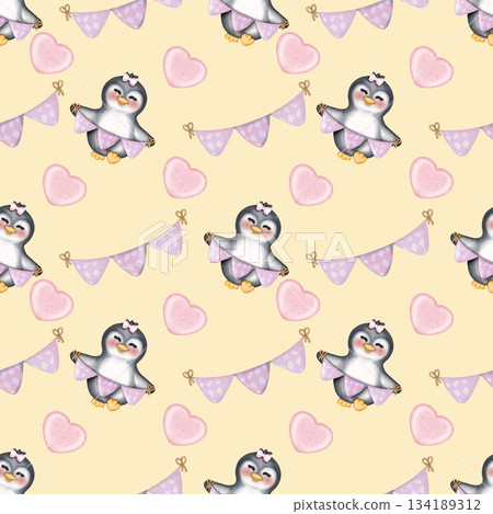 Seamless pattern Cute penguins collection in winter Hand drawn watercolor illustration. For labels, paper, textiles on yellow background. 134189312