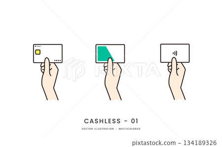 圖片插圖展示了一組手持信用卡和交通IC卡的手。 134189326