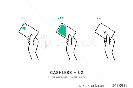 Image illustration set of hands holding credit cards and transportation IC cards 134189331