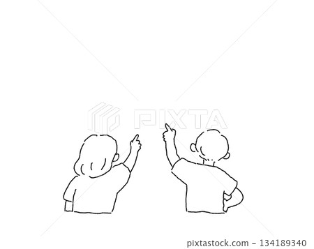 Back view of a child pointing, line drawing 134189340