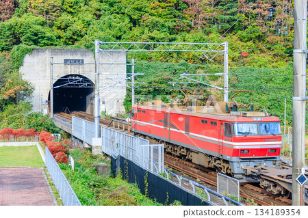 A freight train running through the Seikan Tunnel in autumn, Higashitsugaru District, Aomori Prefecture 134189354