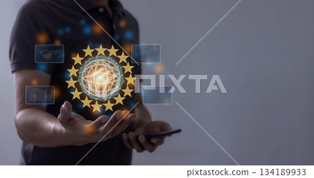 Young man hand holding to Interconnect, Interconnected Concept; People connect via wireless internet in a world of digital technology and communications that connect freely around the world 134189933