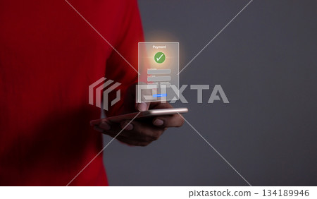 Young Man Hand Using Smartphone For Mobile Payment, Online payment, Digital, and Online shopping, Bank account phone, Mobile banking 134189946