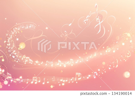 奇幻背景中，閃閃發光的音符緩緩落下。 134190014