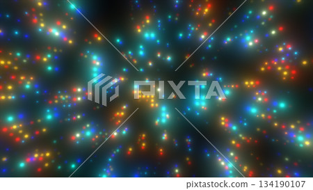 Vibrant abstract field of multicolored glowing dots forming a dynamic digital-energy pattern on a dark background 134190107