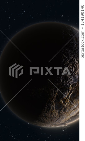 A dark red planet lit by a subtle rim light, floating against a star-filled cosmic background 134190140