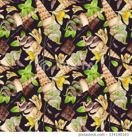 Waffle cone with soft serve, chocolate bar, vanilla flower and pods, mint leaves hand drawn in watercolor. Seamless pattern isolated on dark. Ice cream label, product sheet, dessert planner background Waffle cone with soft serve, chocolate bar, vanilla flower and pods, mint leaves hand drawn in watercolor. Seamless pattern isolated on dark. Ice cream label, product sheet, dessert planner background 134190163
