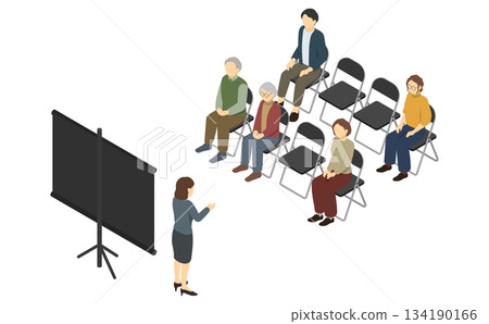 Isometric illustration: A woman explaining to people using a projector 1 134190166