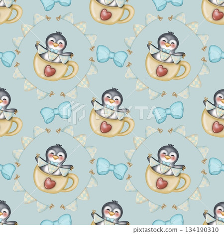 Seamless pattern Cute penguins collection in winter Hand drawn watercolor illustration. For labels, paper, textiles on light blue background. 134190310