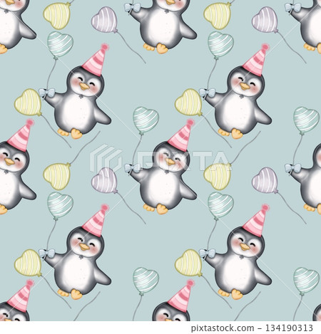 Seamless pattern Cute penguins collection in winter Hand drawn watercolor illustration. For labels, paper, textiles on light blue background. 134190313