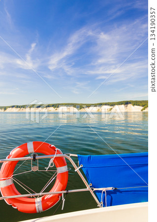 Rescue ring on sailing boat during cruise 134190357