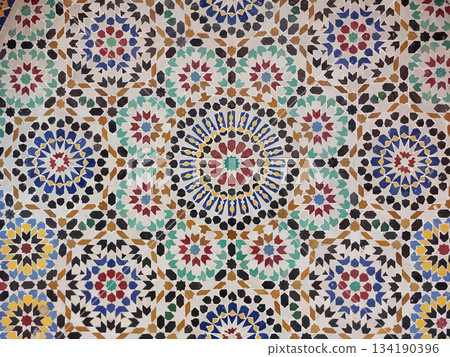 Moroccan Islamic mosaic tiles in Marrakesh, Morocco Moroccan Islamic mosaic tiles in Marrakesh, Morocco 134190396