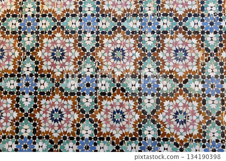 Moroccan Islamic mosaic tiles in Fes, Morocco Moroccan Islamic mosaic tiles in Fes, Morocco 134190398