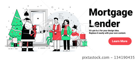 Santa Christmas home gift key exchange festive scene with couple snowman decorated tree presents winter outdoor background website banner 134190435