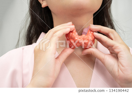 Hyperthyroidism, Overactive Thyroid, Thyroid Lymphoma, Asian woman with thyroid gland human anatomy model. Hyperthyroidism, Overactive Thyroid, Thyroid Lymphoma, Asian woman with thyroid gland human anatomy model. 134190442