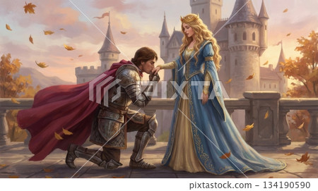 Knight Kneeling Kissing Princess Hand with Falling Leaves 134190590