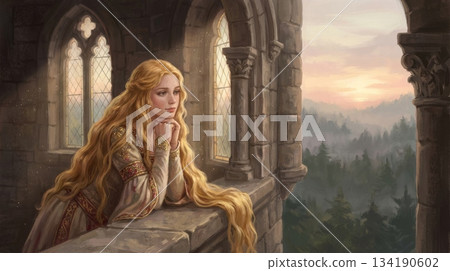 Princess with Long Blonde Hair Standing by Tower Window Princess with Long Blonde Hair Standing by Tower Window 134190602