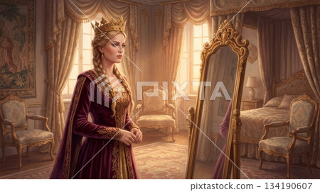 Blonde Queen Wearing Golden Crown in Bedroom Mirror 134190607