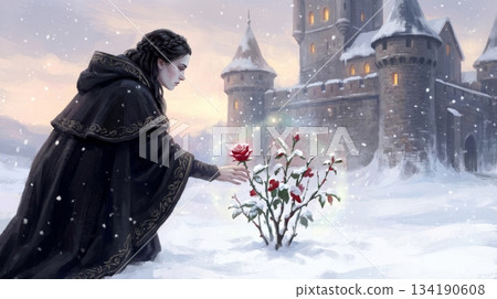 Beautiful Woman in Cloak Standing in Snow Picking Red Rose 134190608